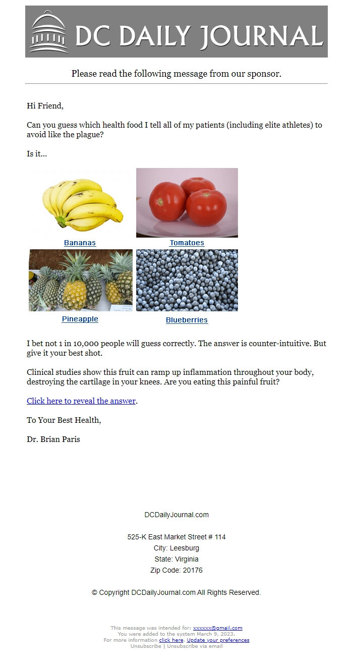 Screenshot of the email generated on import