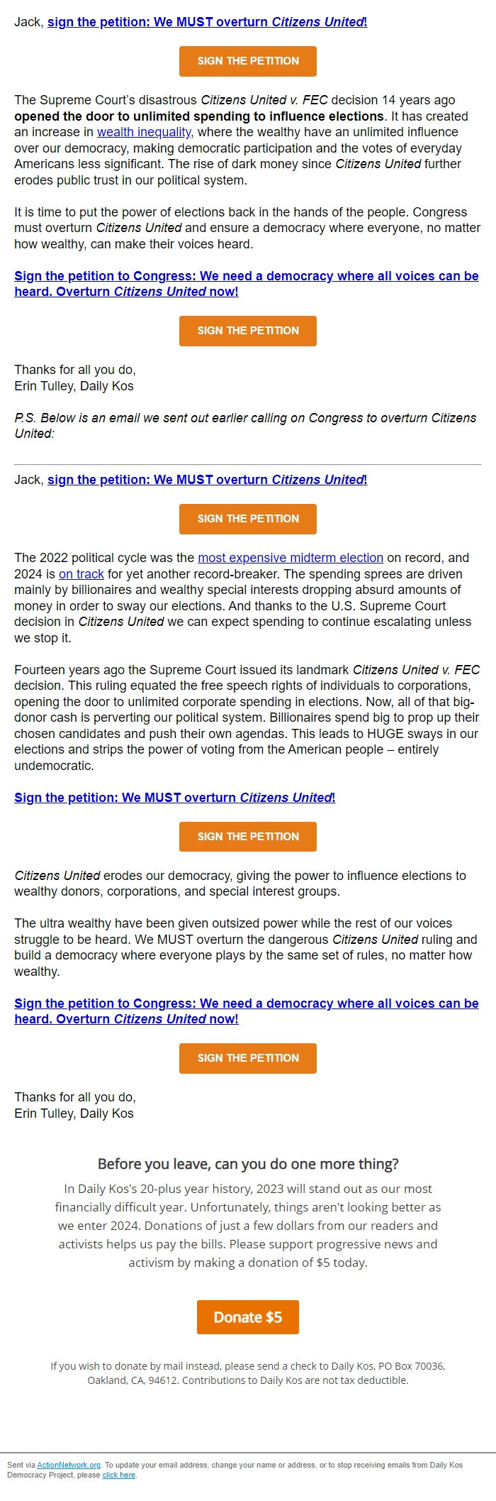Screenshot of the email generated on import