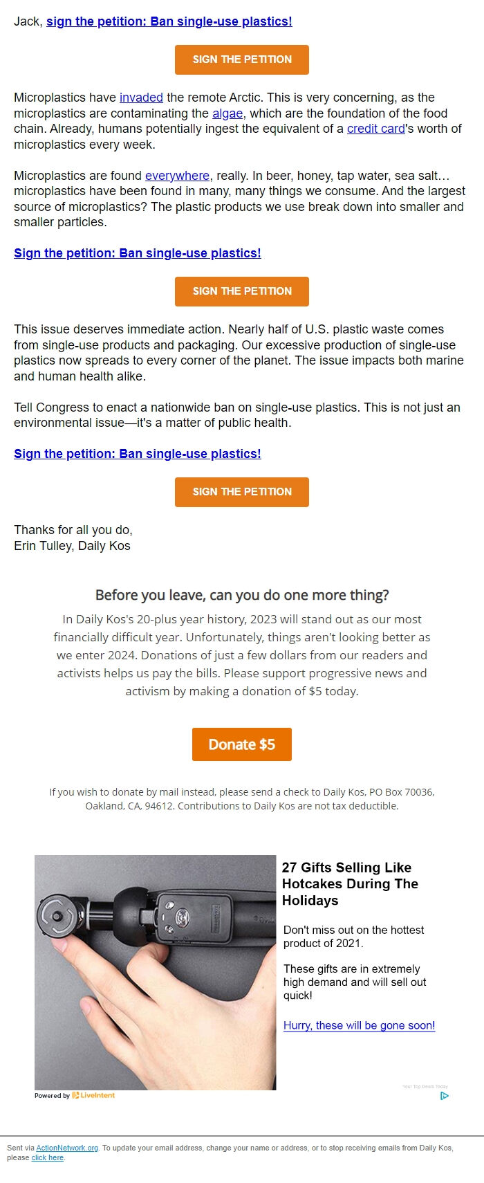 Screenshot of the email generated on import