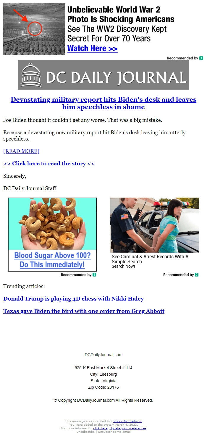 Screenshot of the email generated on import