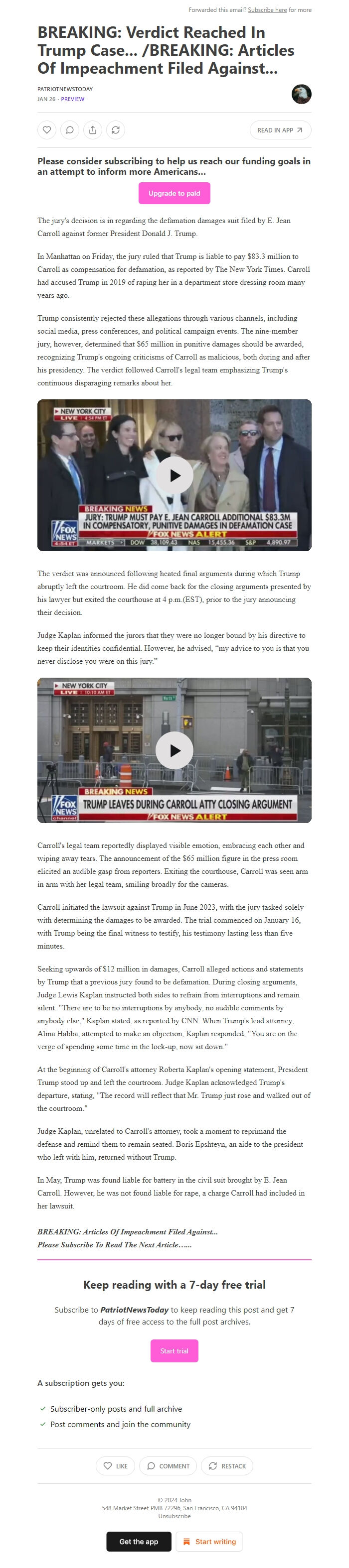 Screenshot of the email generated on import