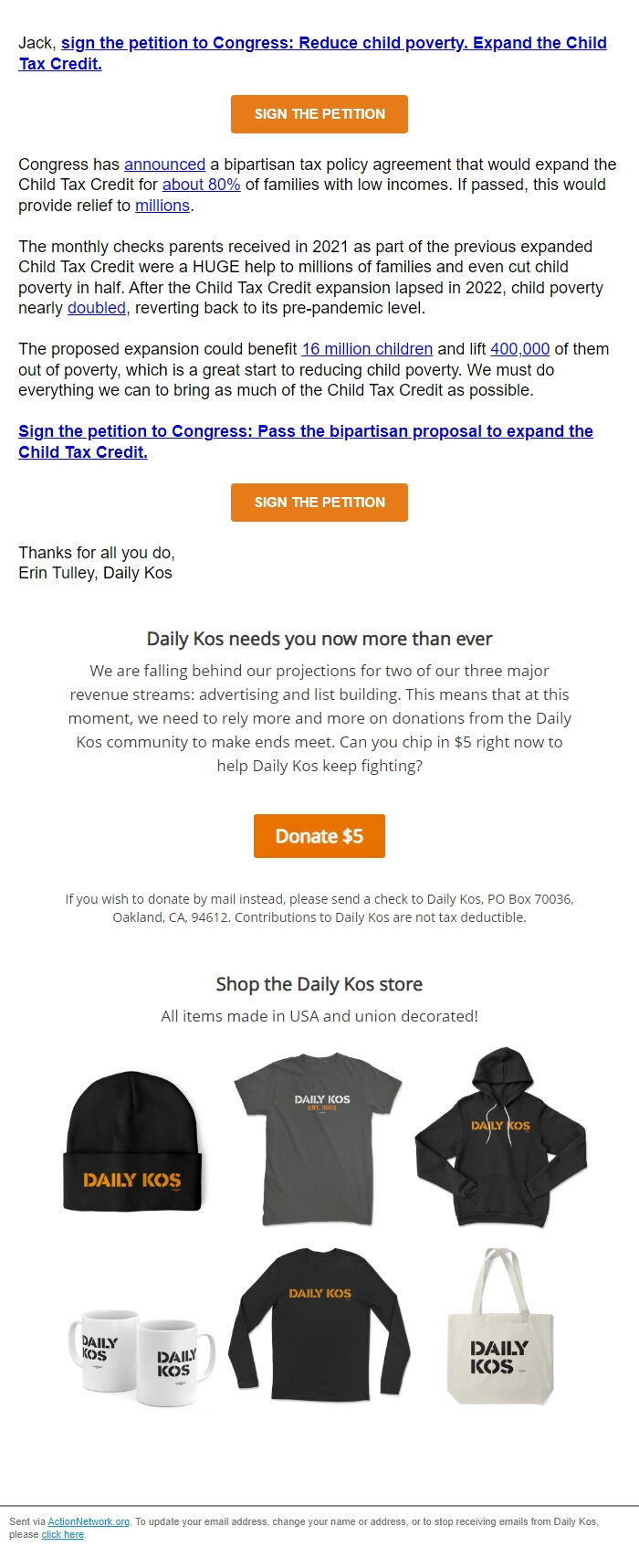 Screenshot of the email generated on import
