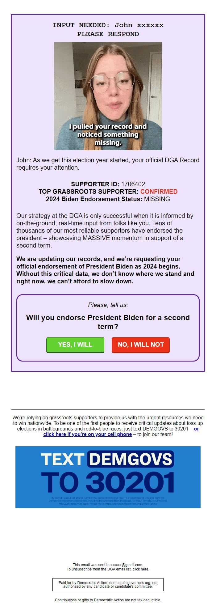 Screenshot of the email generated on import