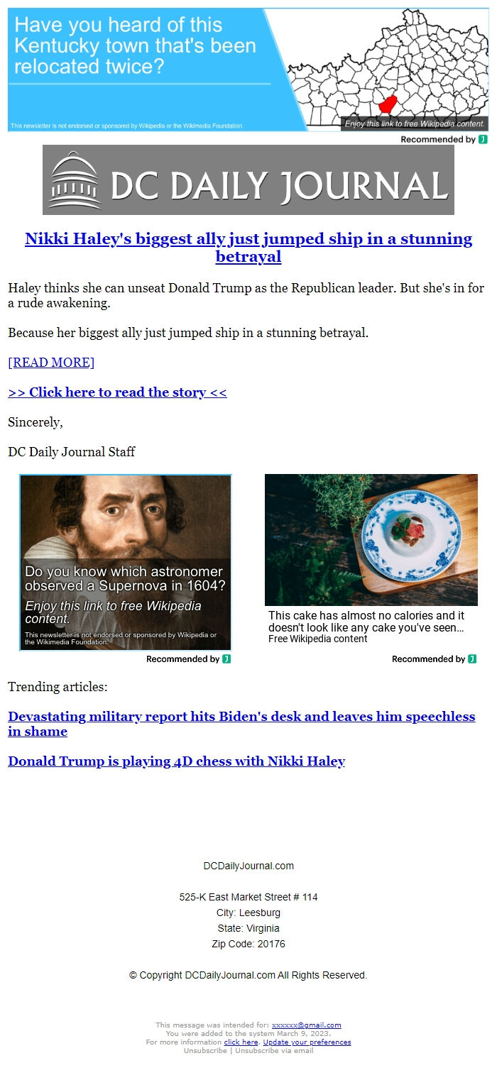 Screenshot of the email generated on import