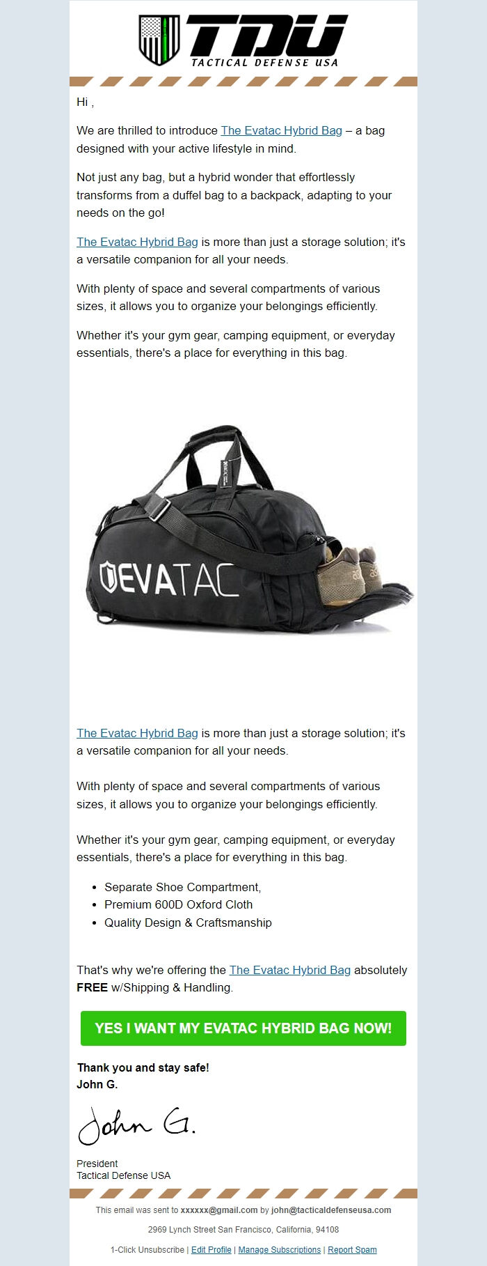 Screenshot of the email generated on import