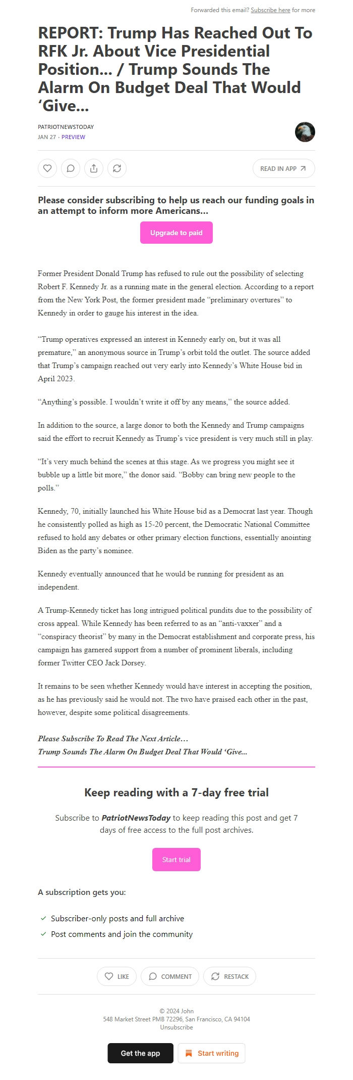 Screenshot of the email generated on import