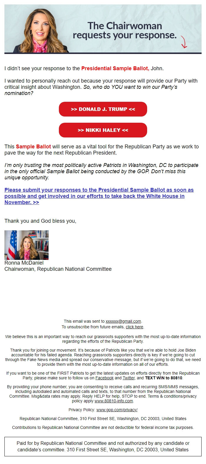 Screenshot of the email generated on import