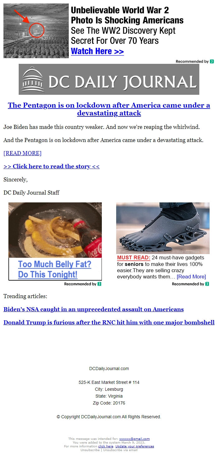 Screenshot of the email generated on import