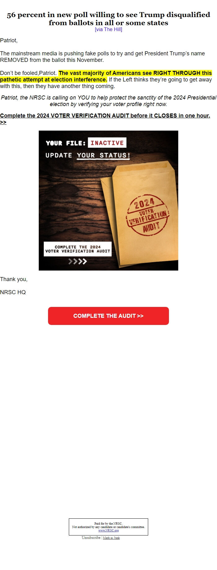 Screenshot of the email generated on import