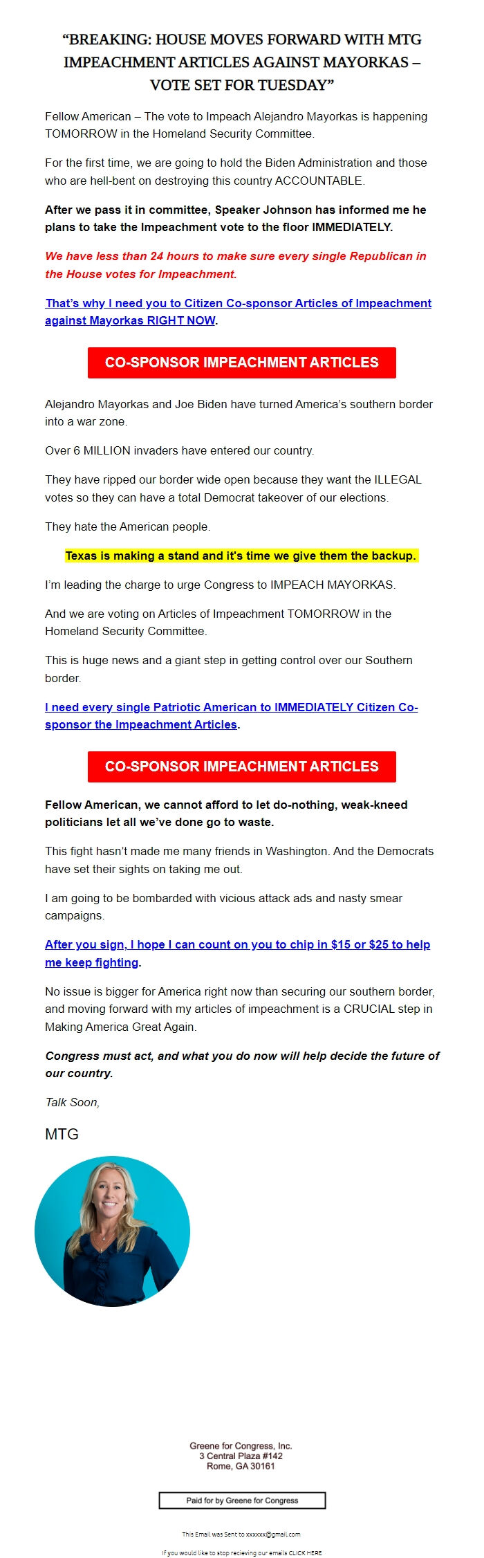 Screenshot of the email generated on import