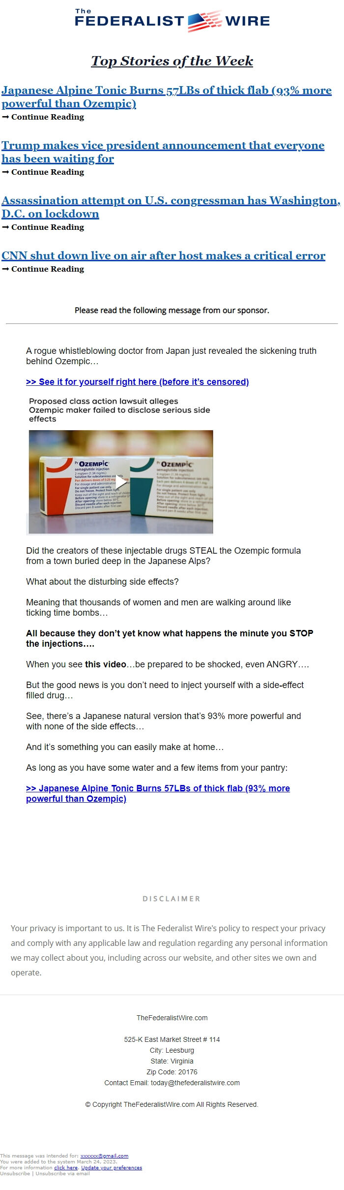 Screenshot of the email generated on import