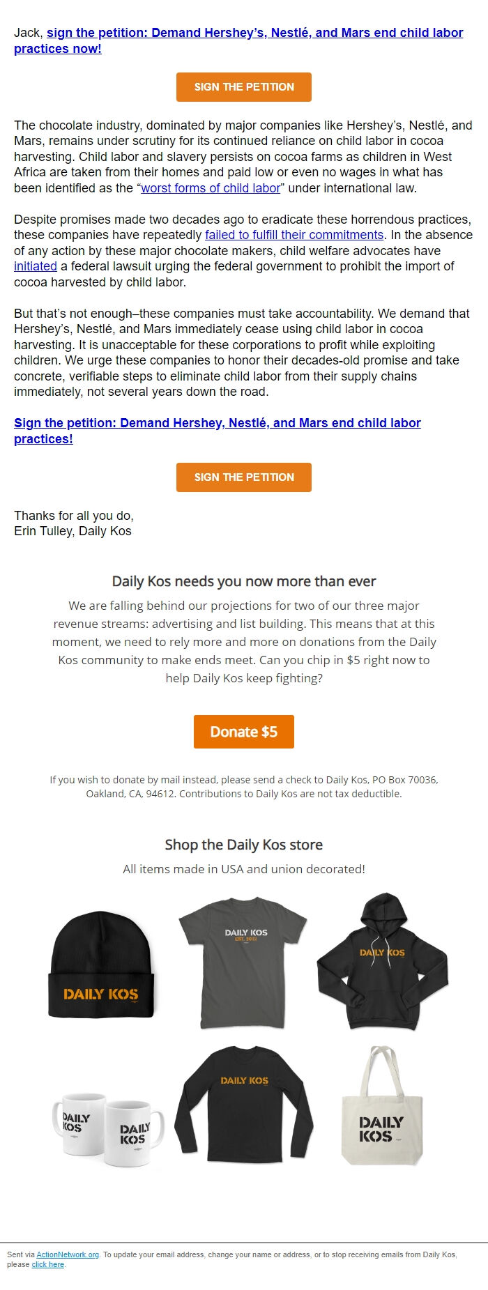 Screenshot of the email generated on import