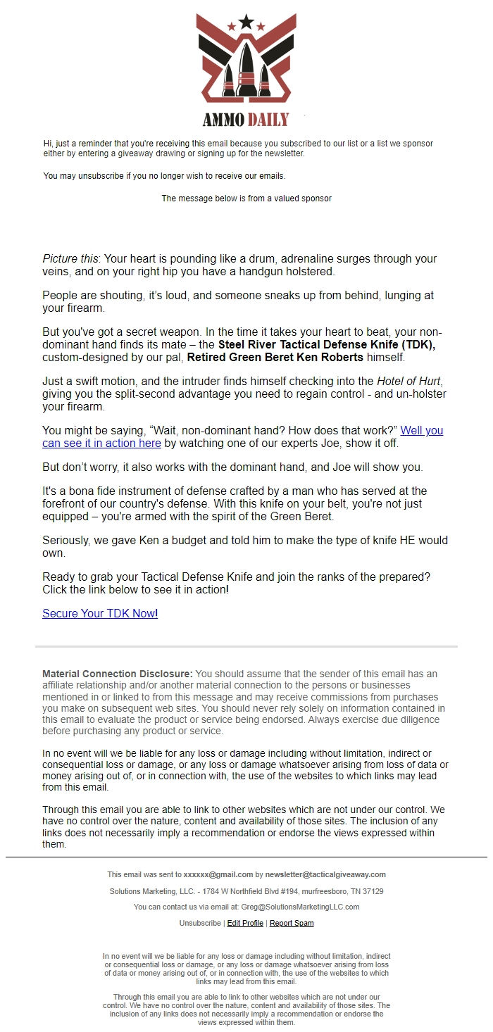 Screenshot of the email generated on import