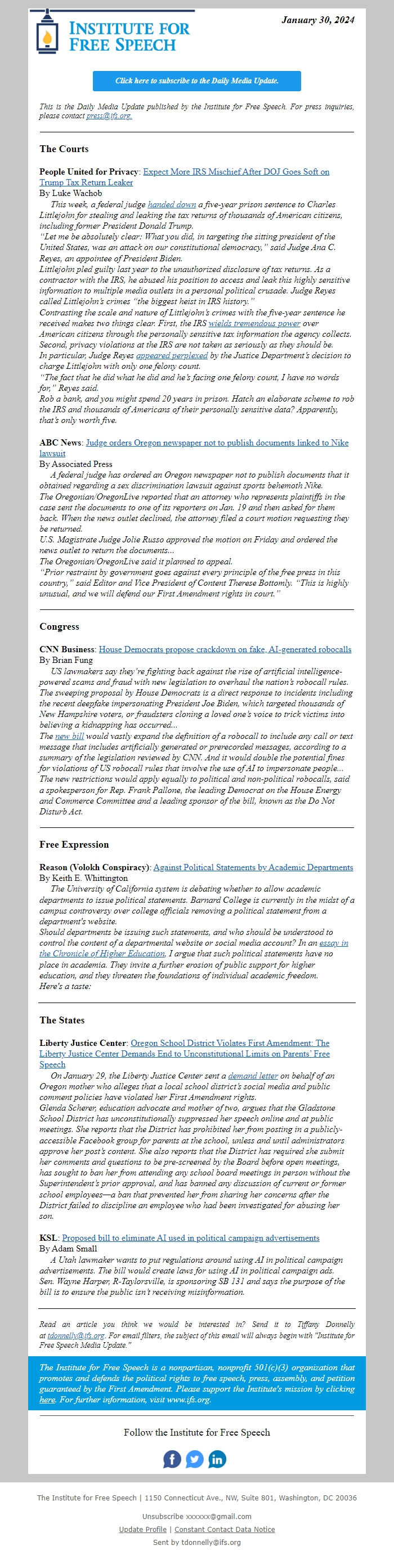 Screenshot of the email generated on import
