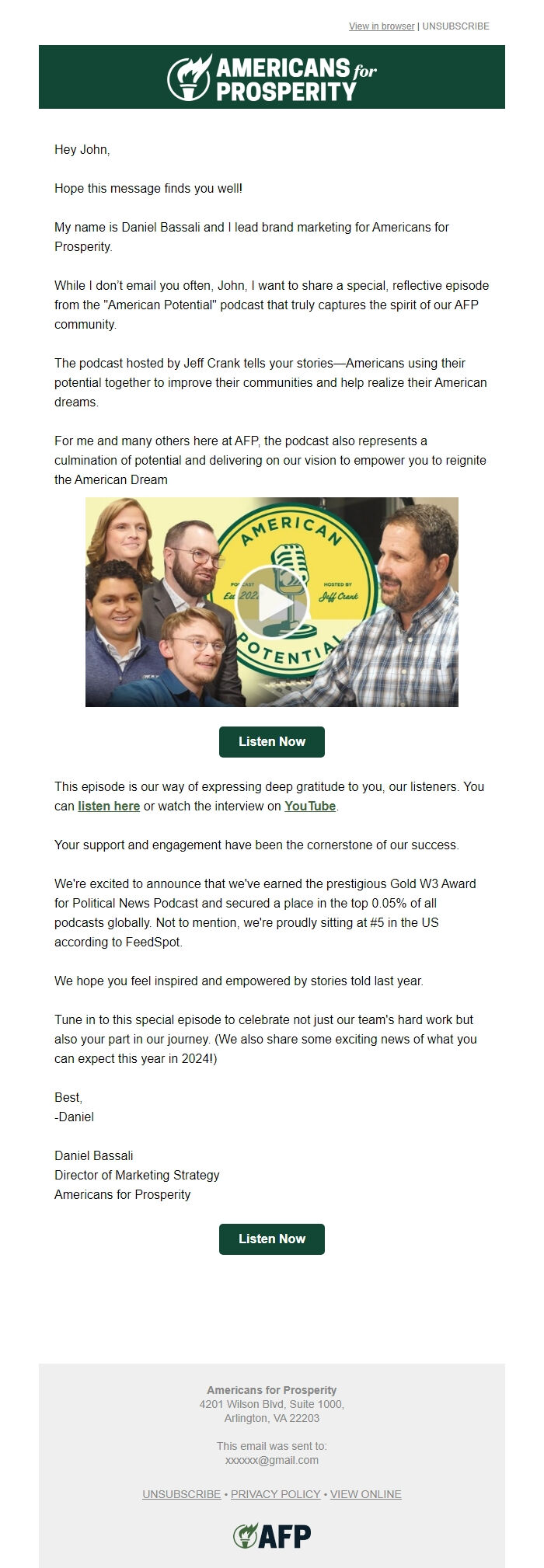 Screenshot of the email generated on import