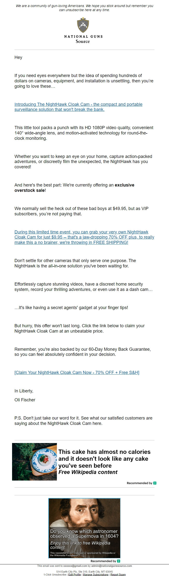 Screenshot of the email generated on import