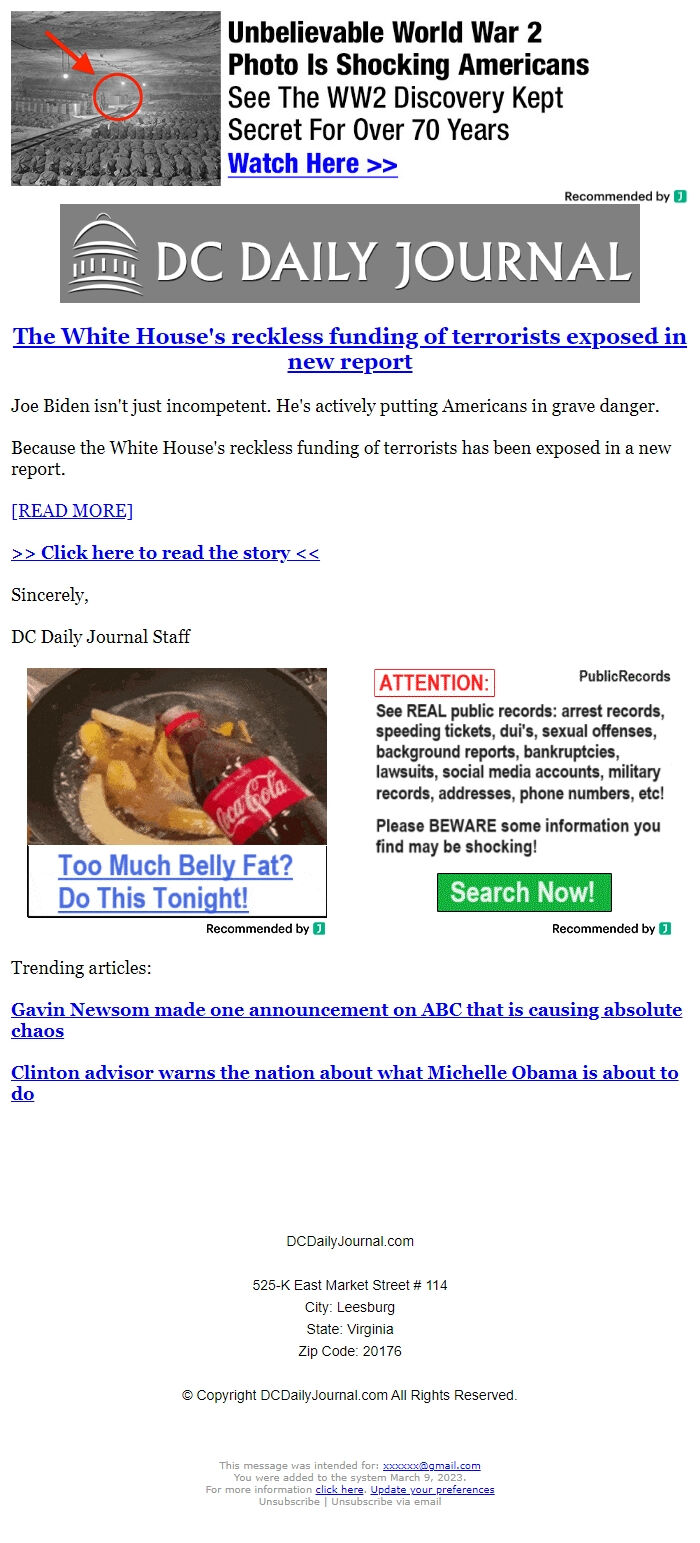 Screenshot of the email generated on import