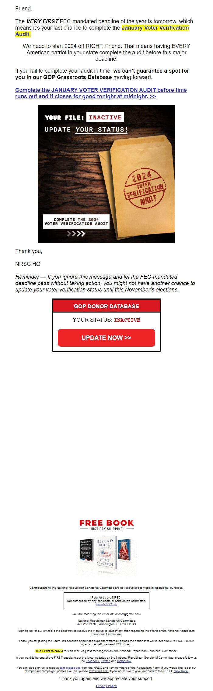 Screenshot of the email generated on import