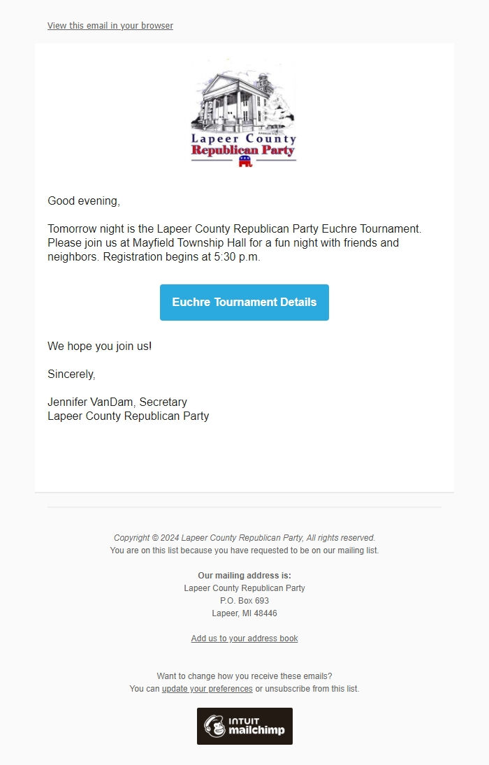 Screenshot of the email generated on import