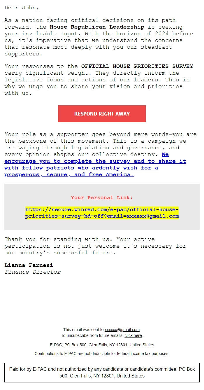 Screenshot of the email generated on import