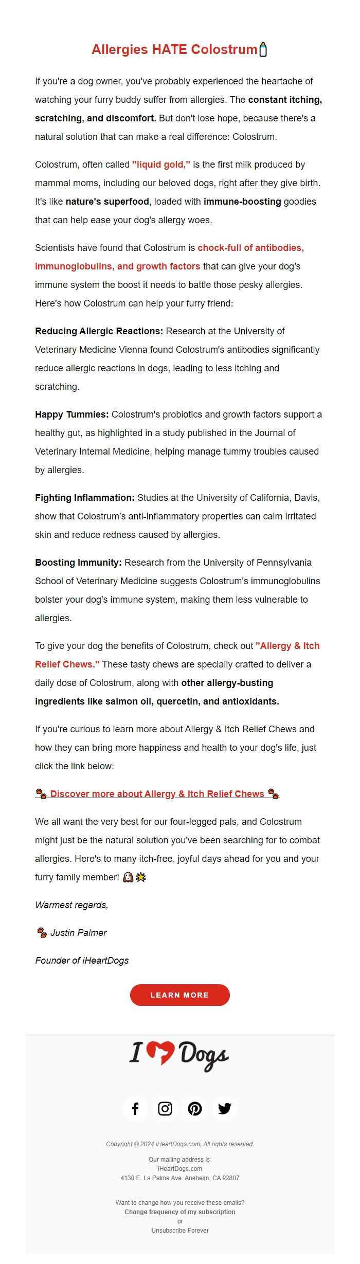 Screenshot of the email generated on import