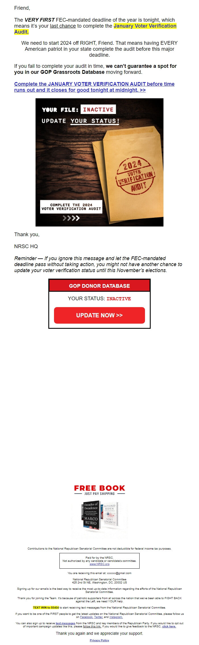 Screenshot of the email generated on import