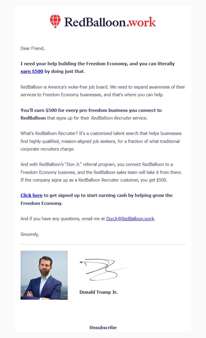 Screenshot of the email generated on import