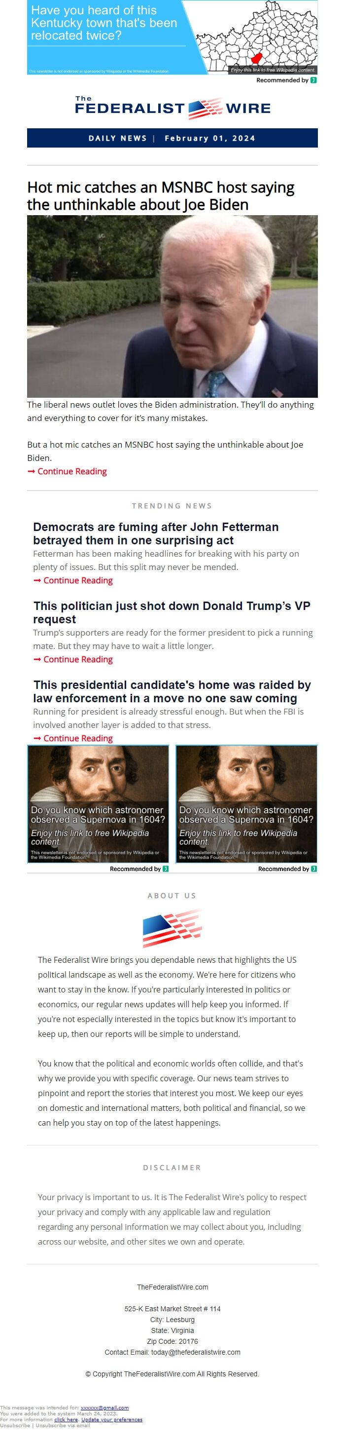 Screenshot of the email generated on import