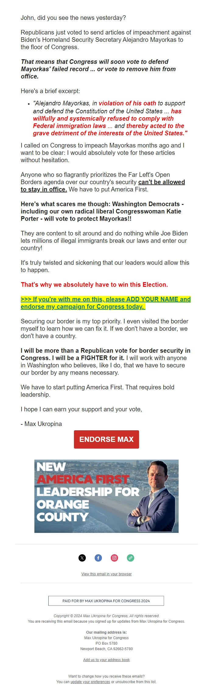 Screenshot of the email generated on import