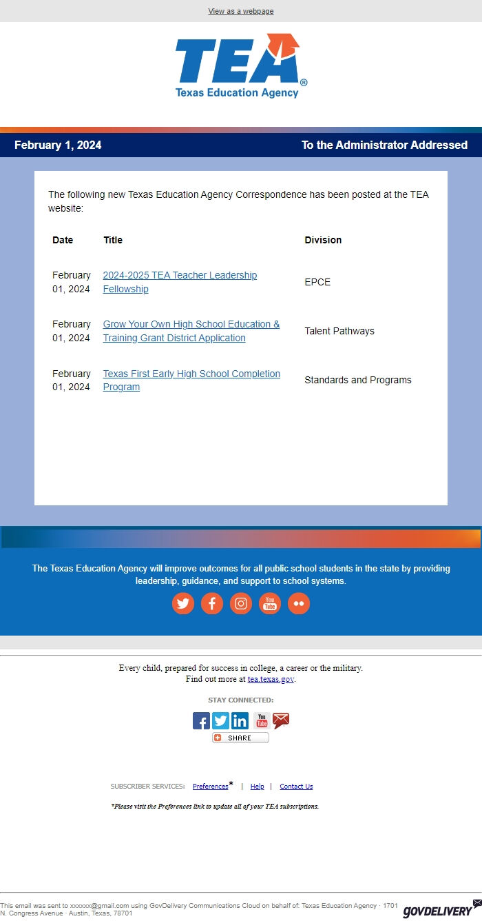 Screenshot of the email generated on import