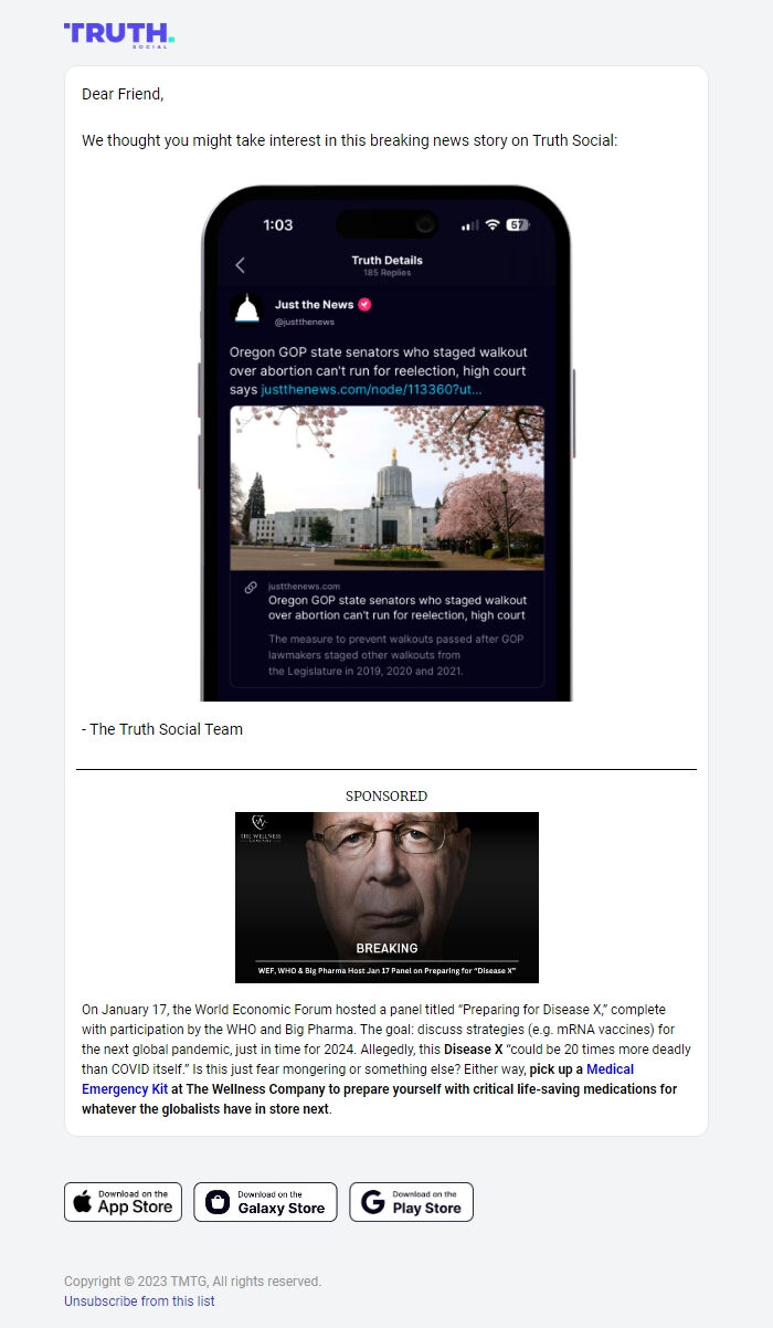 Screenshot of the email generated on import