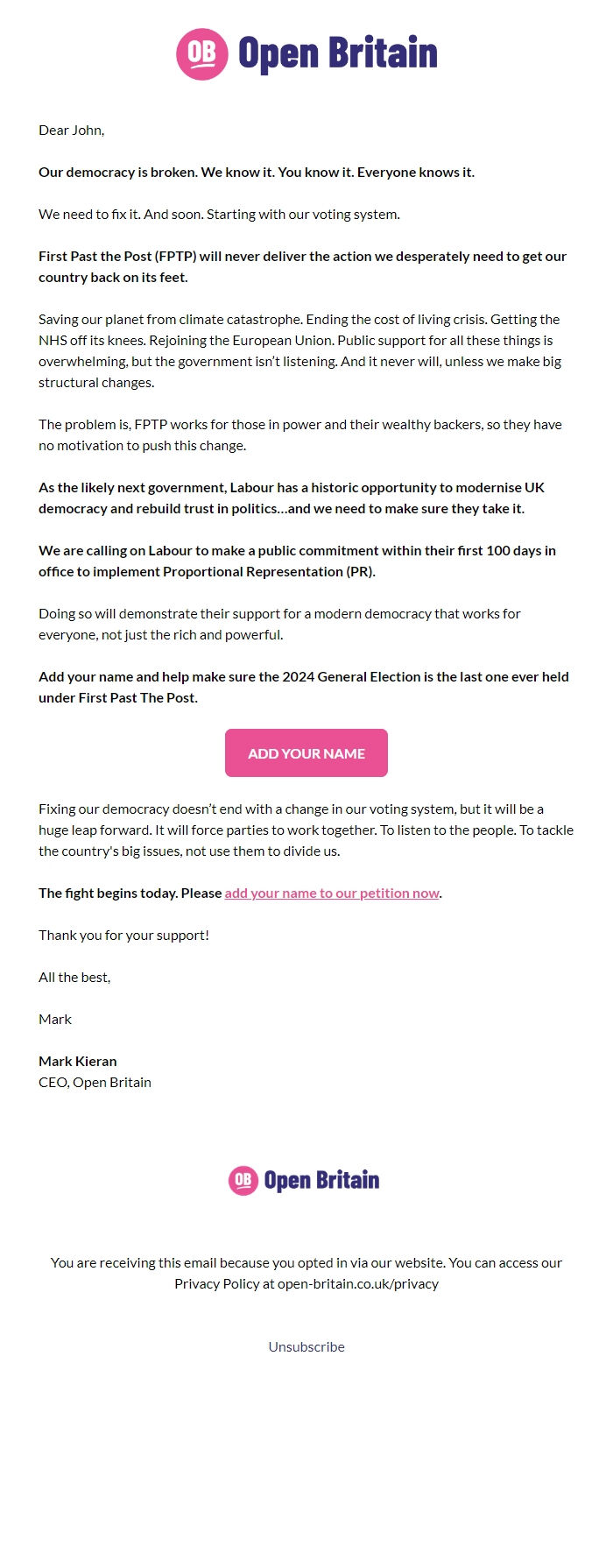 Screenshot of the email generated on import