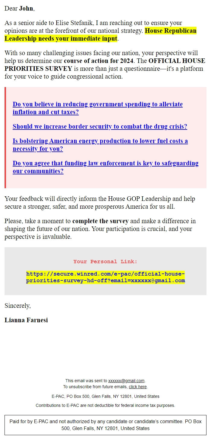 Screenshot of the email generated on import