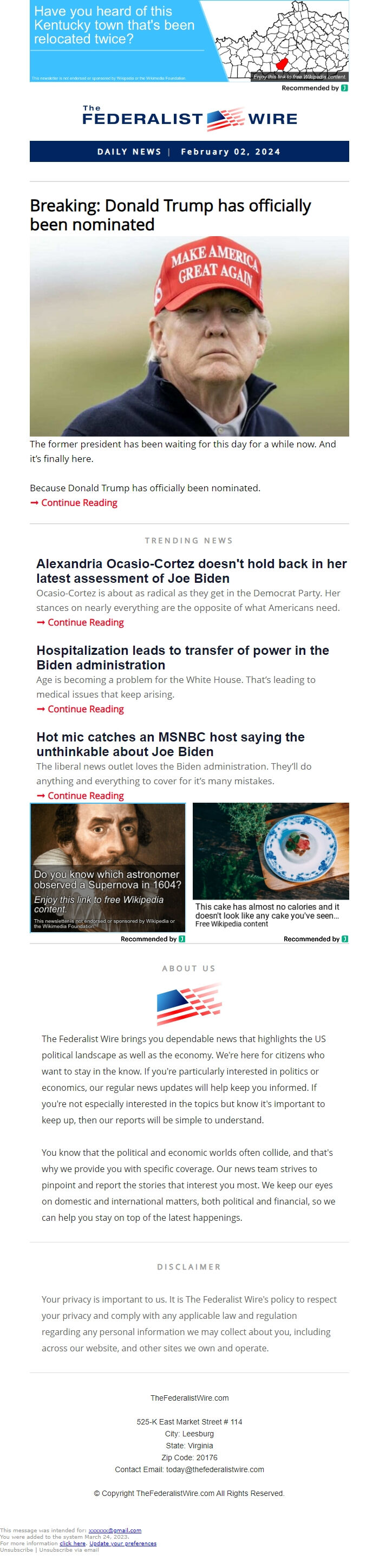 Screenshot of the email generated on import