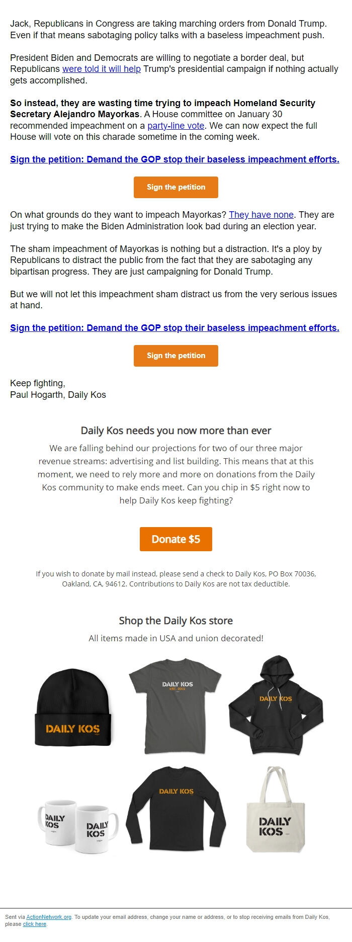 Screenshot of the email generated on import