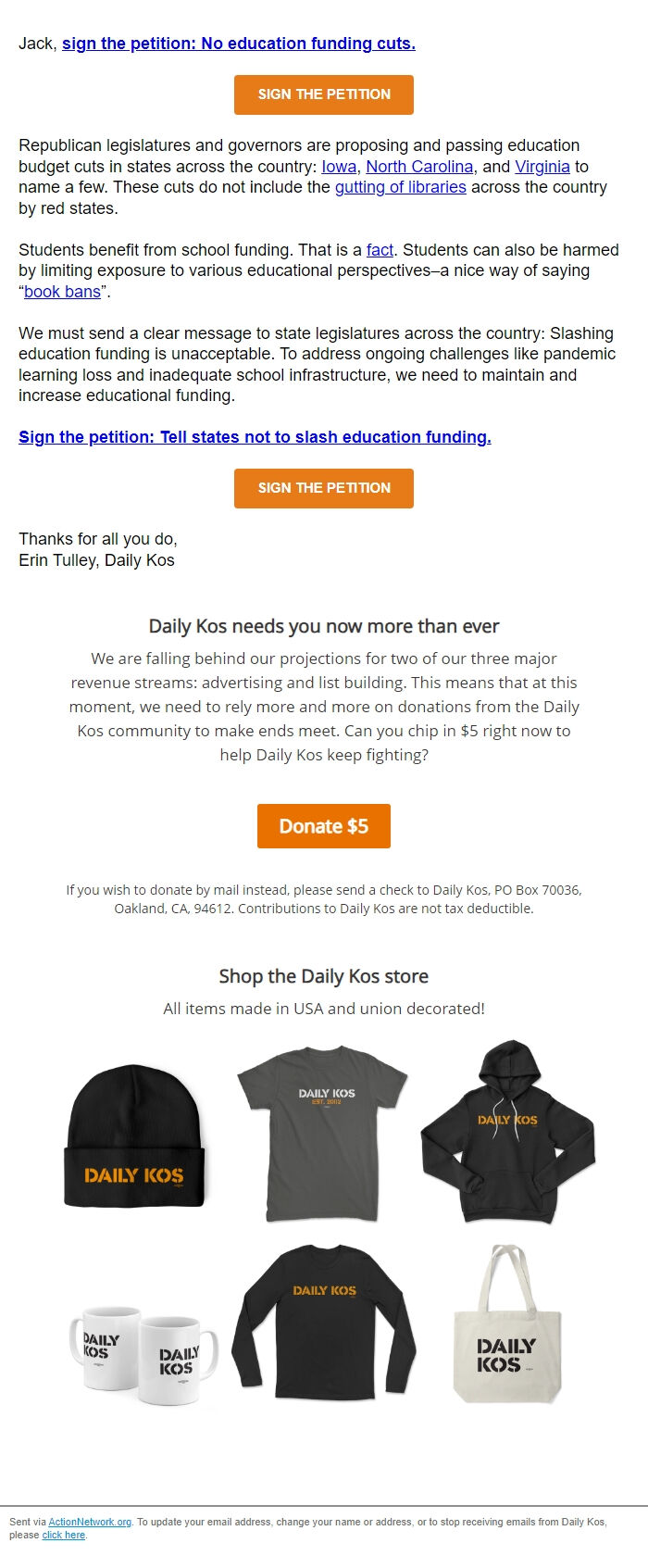 Screenshot of the email generated on import
