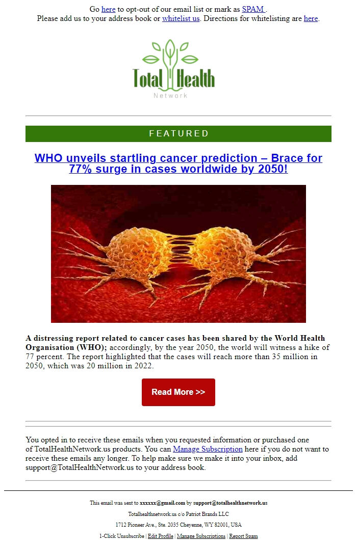 Screenshot of the email generated on import