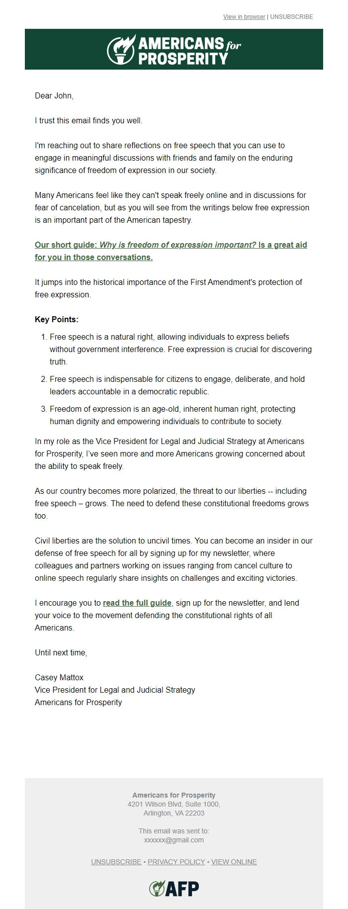 Screenshot of the email generated on import