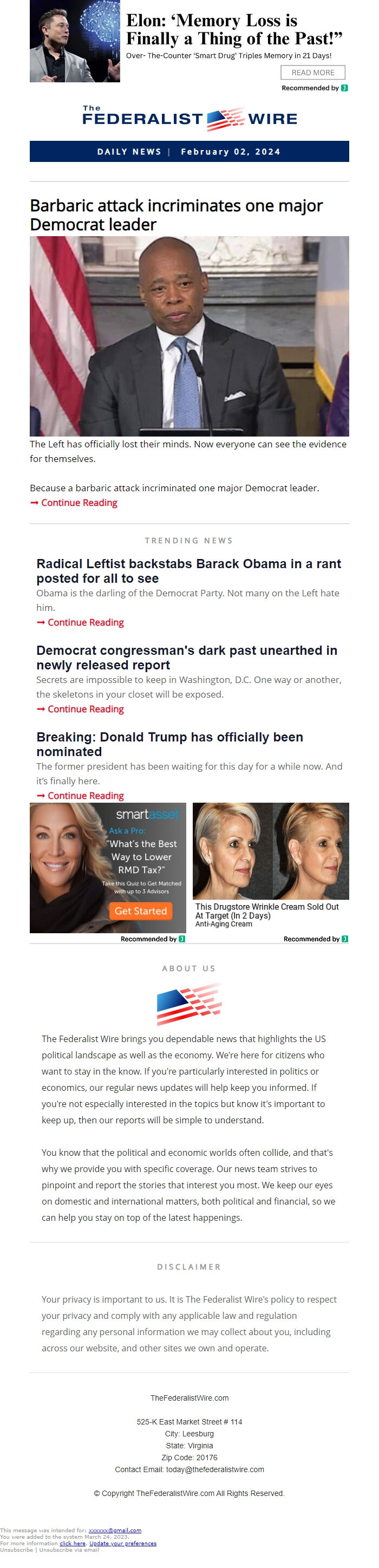 Screenshot of the email generated on import