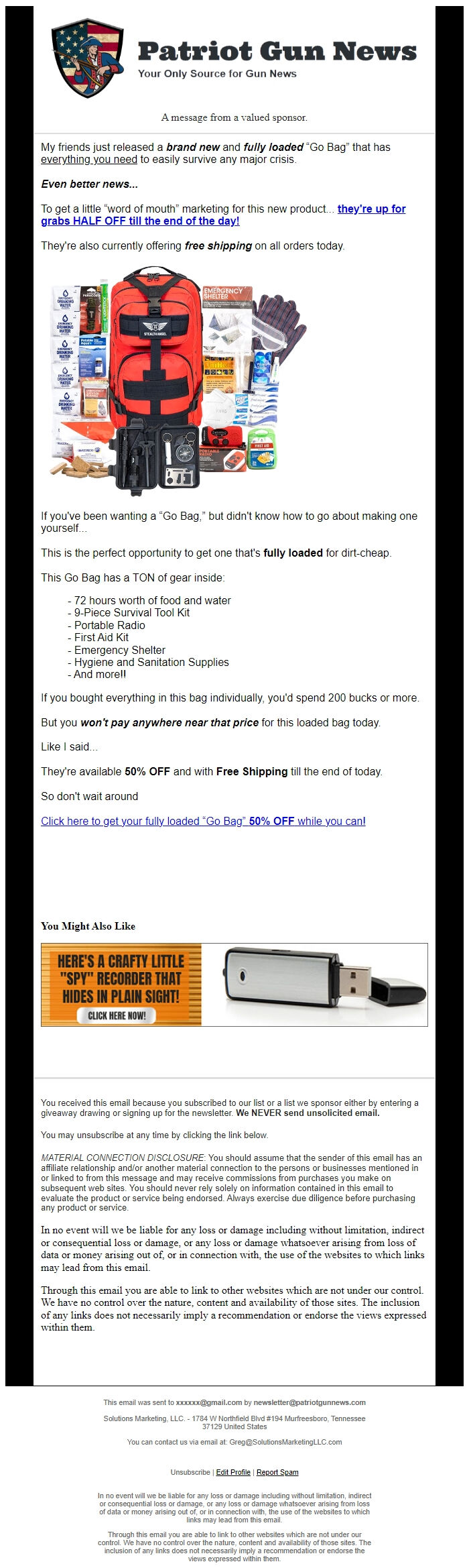 Screenshot of the email generated on import