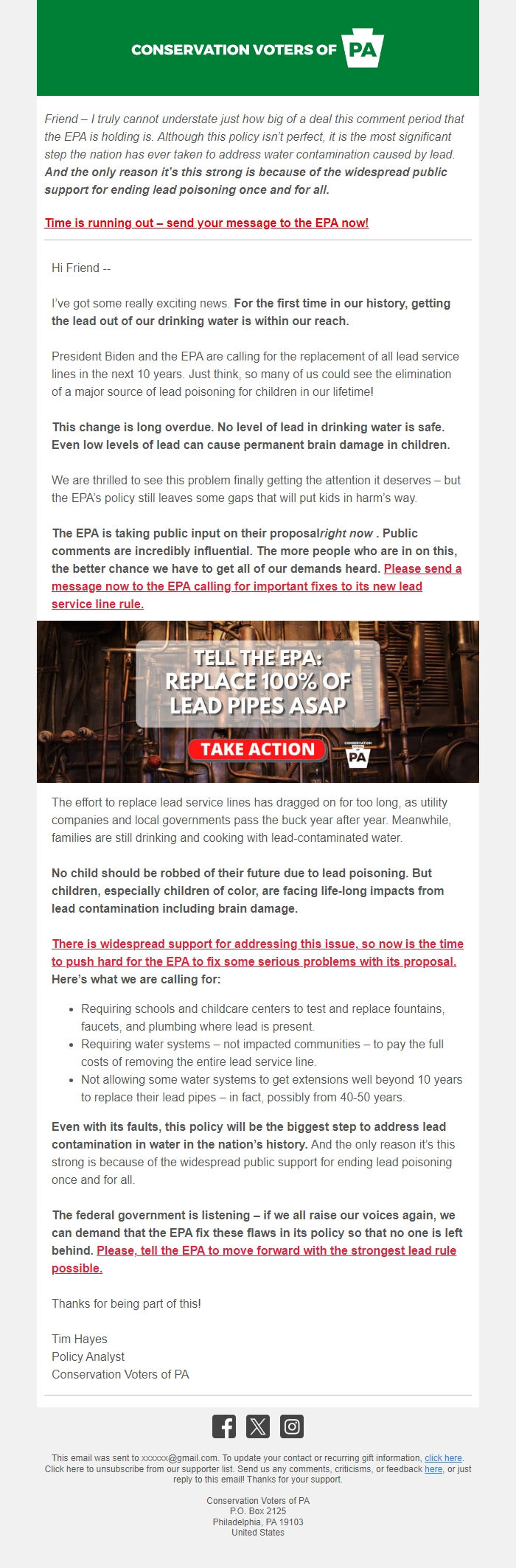 Screenshot of the email generated on import