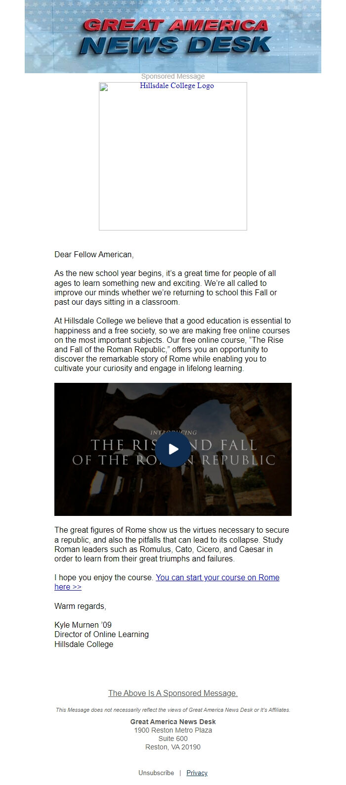 Screenshot of the email generated on import
