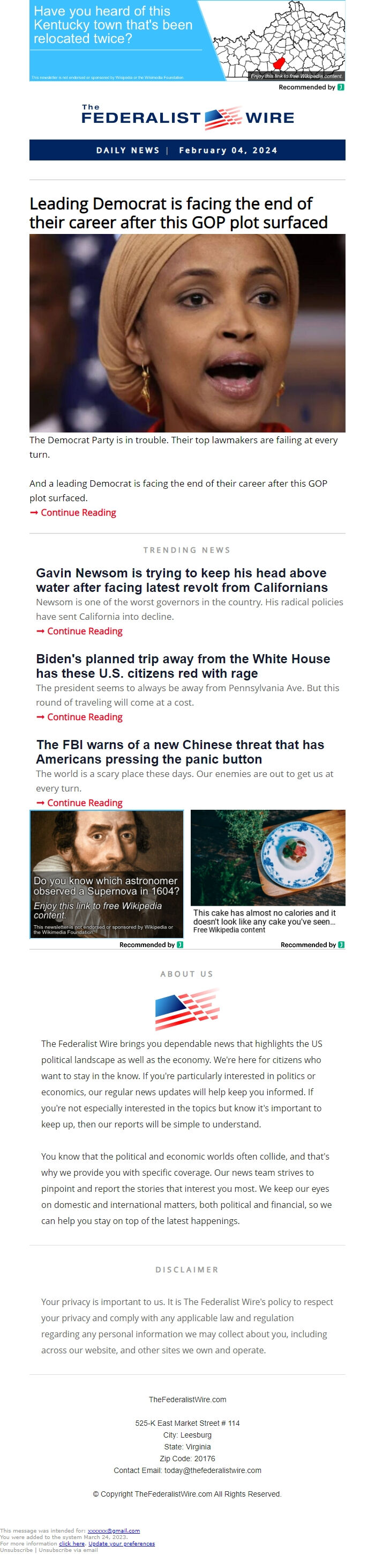 Screenshot of the email generated on import