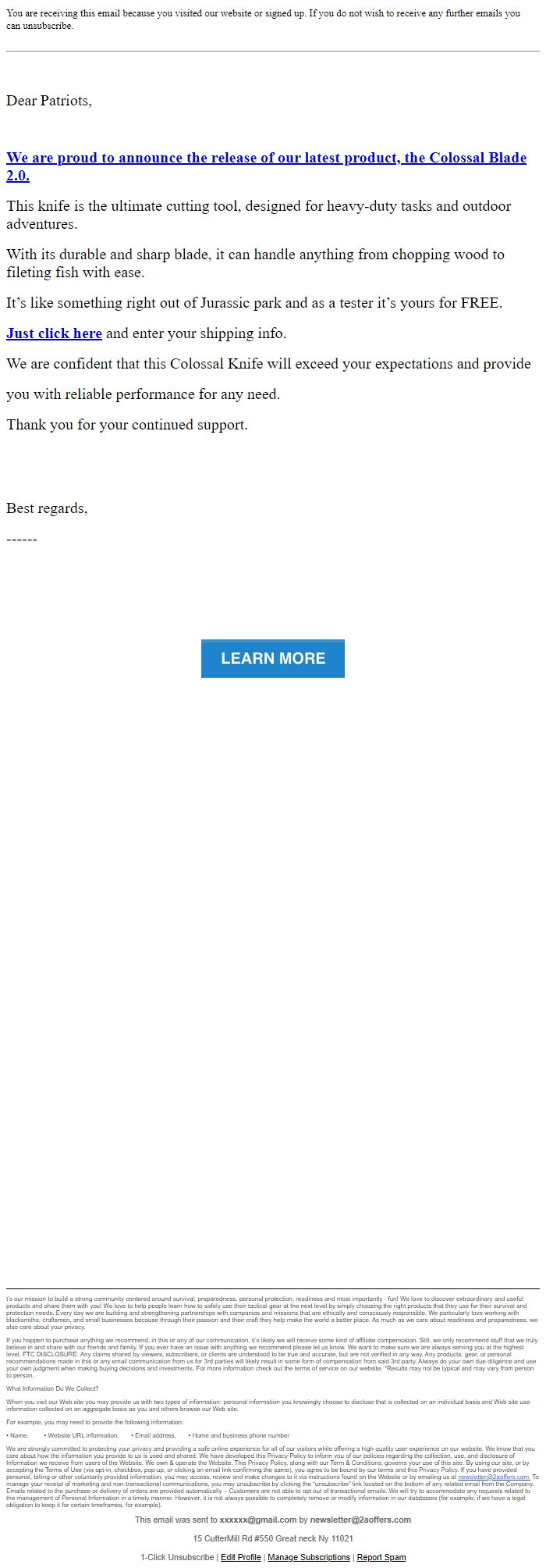 Screenshot of the email generated on import