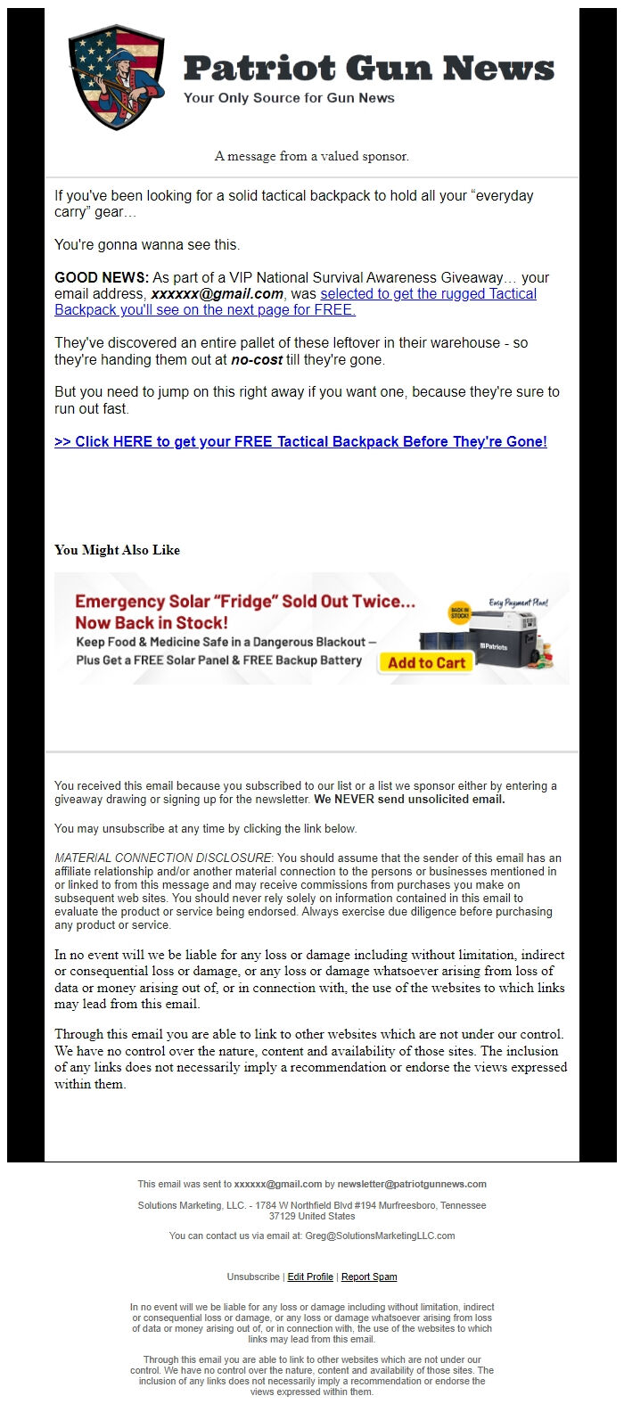Screenshot of the email generated on import