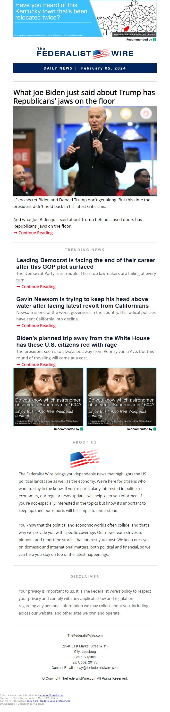 Screenshot of the email generated on import
