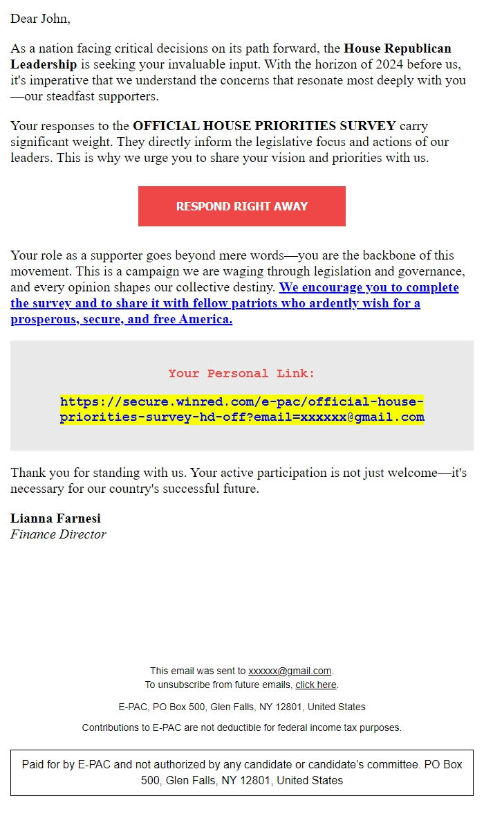 Screenshot of the email generated on import