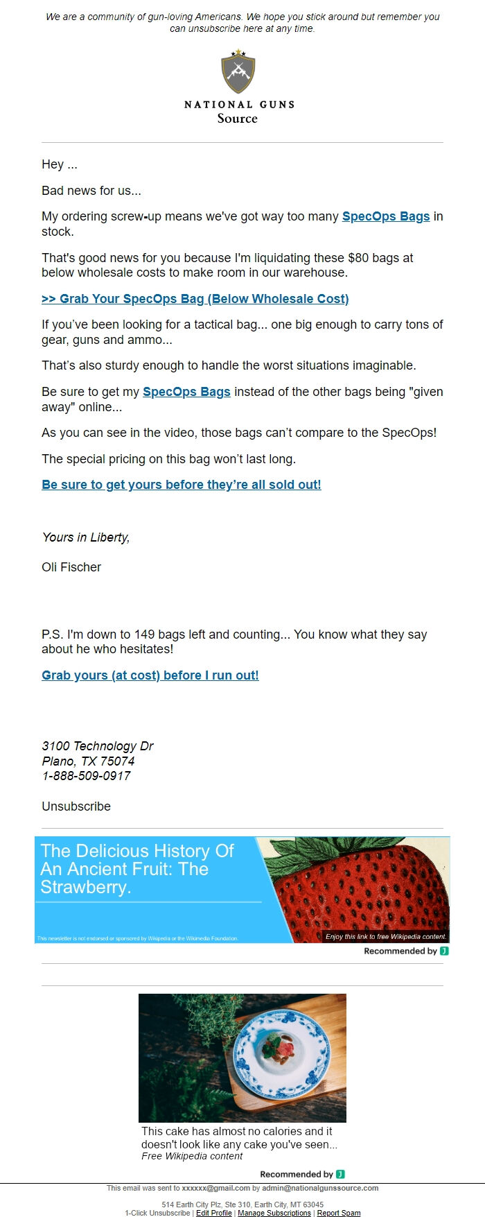 Screenshot of the email generated on import