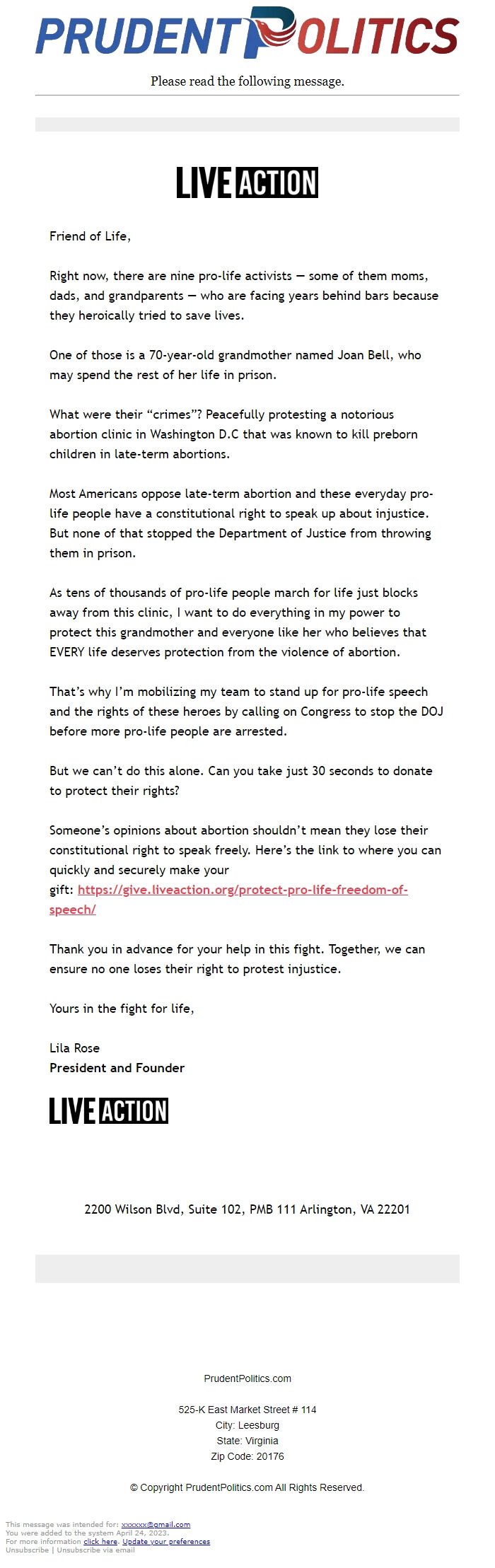 Screenshot of the email generated on import
