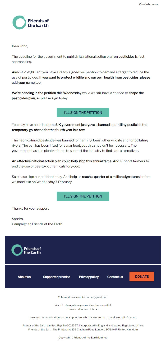 Screenshot of the email generated on import